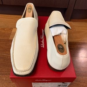 Mens Salvatore Ferragamo white loafers .
